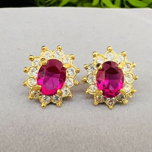 Vintage ROMAN Faux Pink Sapphire Ruby Rhinestones Stud Earrings Flower NICE 4081 - Picture 6 of 13